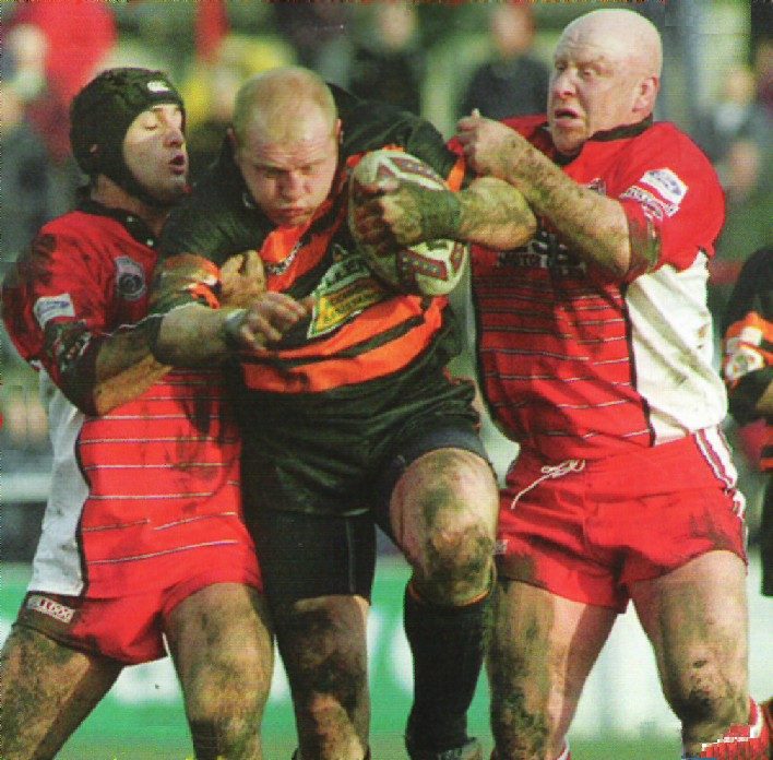 Jason Clegg drives into the Leigh defence - Feb 20th 2000.