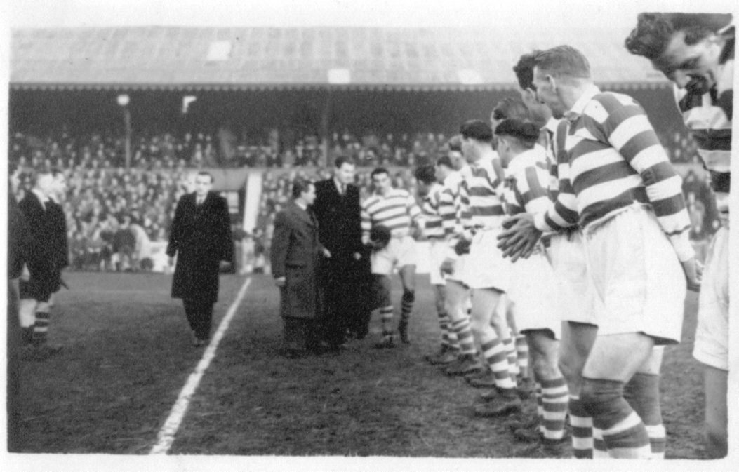 Oldham line up to meet the Earl of Derby before the match against Liverpool - Dec 24th 1949.