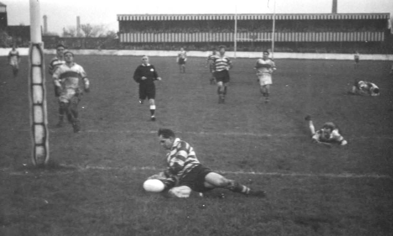 Sid Little touches down near the posts v Liverpool - Nov 12th 1955.