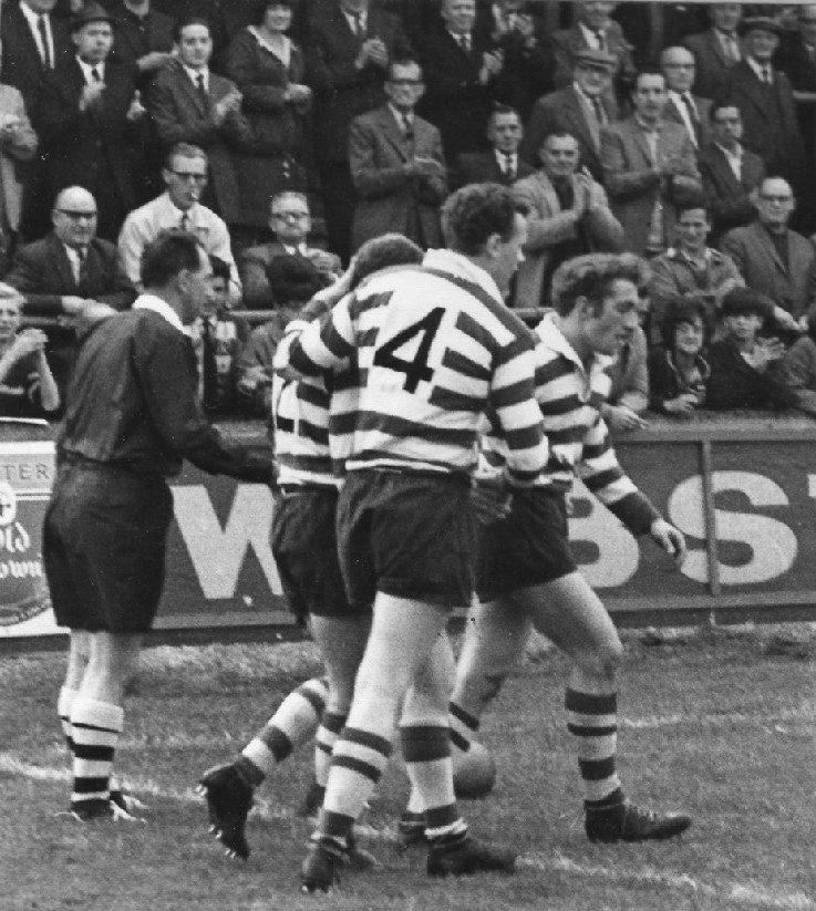 Jim McCormack and Joe Collins congratulate Geoff Sims after a try v Liverpool - Sep 12th 1964.
