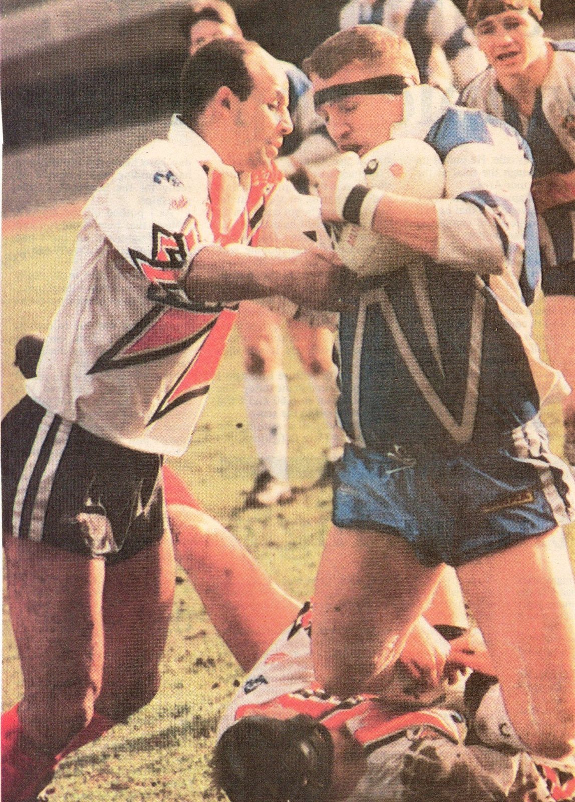 Mike Taylor tackles Ian Sherratt. London Crusaders v Oldham - Feb 16th 1992.