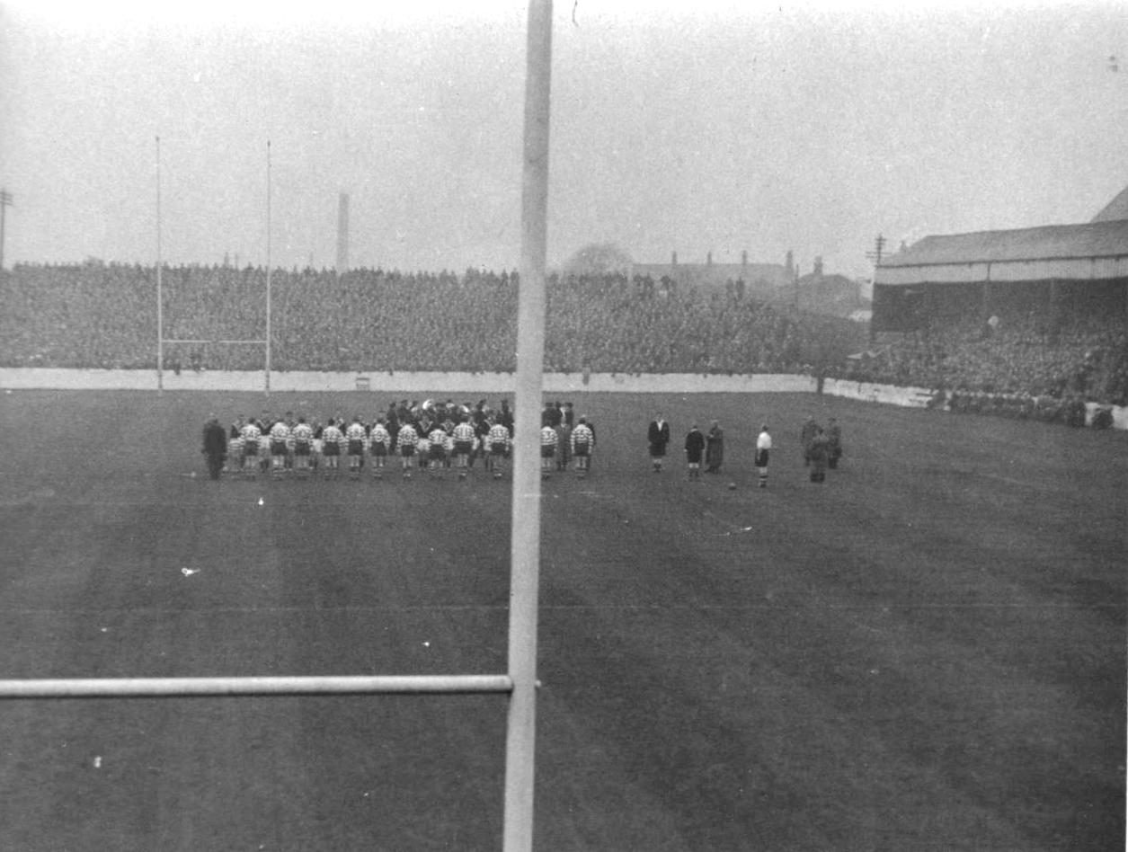 Oldham v NZ. The teams line up for the anthems before kick off - Oct 29th 1955.