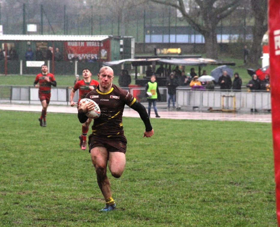 Lee Kershaw heads for the posts at North Wales after an interception - March 3rd 2019.