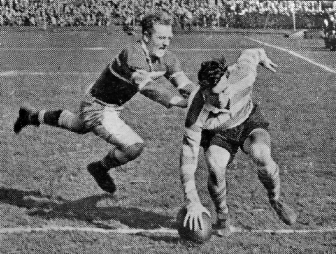 Terry O’Grady evades Walter Jones to go over for the last try of the 1953-54 season - April 19th 1954.