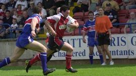 Nick Johnson flies up the wing to score Oldham's first try v Rochdale - Aug 8th 2004.