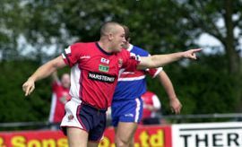 Gavin Dodd celebrates after his length of the field try v Rochdale - June 5th 2005.