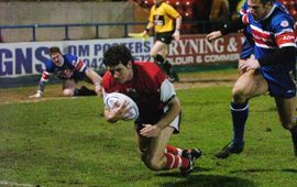 Chris Maye goes over the line to give Oldham a first-minute lead at Spotland - Feb 15th 2006.