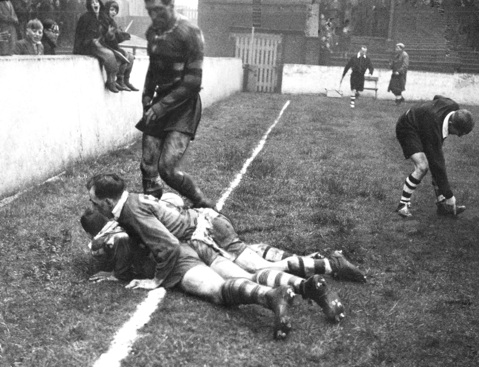 Referee, Mr. Wilson points for a try to Alan Davies v Salford - April 7th 1959.