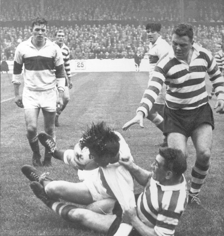 Len McIntyre make a tackle with Alf Mumberson in support - Aug 13th 1960.
