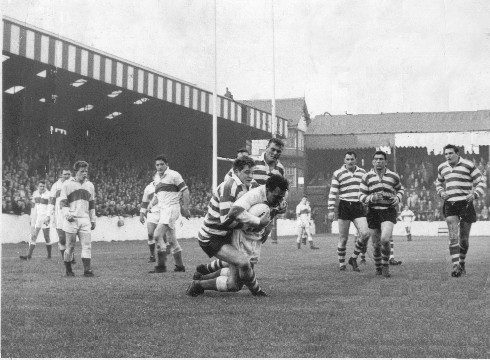 Peter Goddard brings down a St Helens opponent - Oct 2nd 1962.