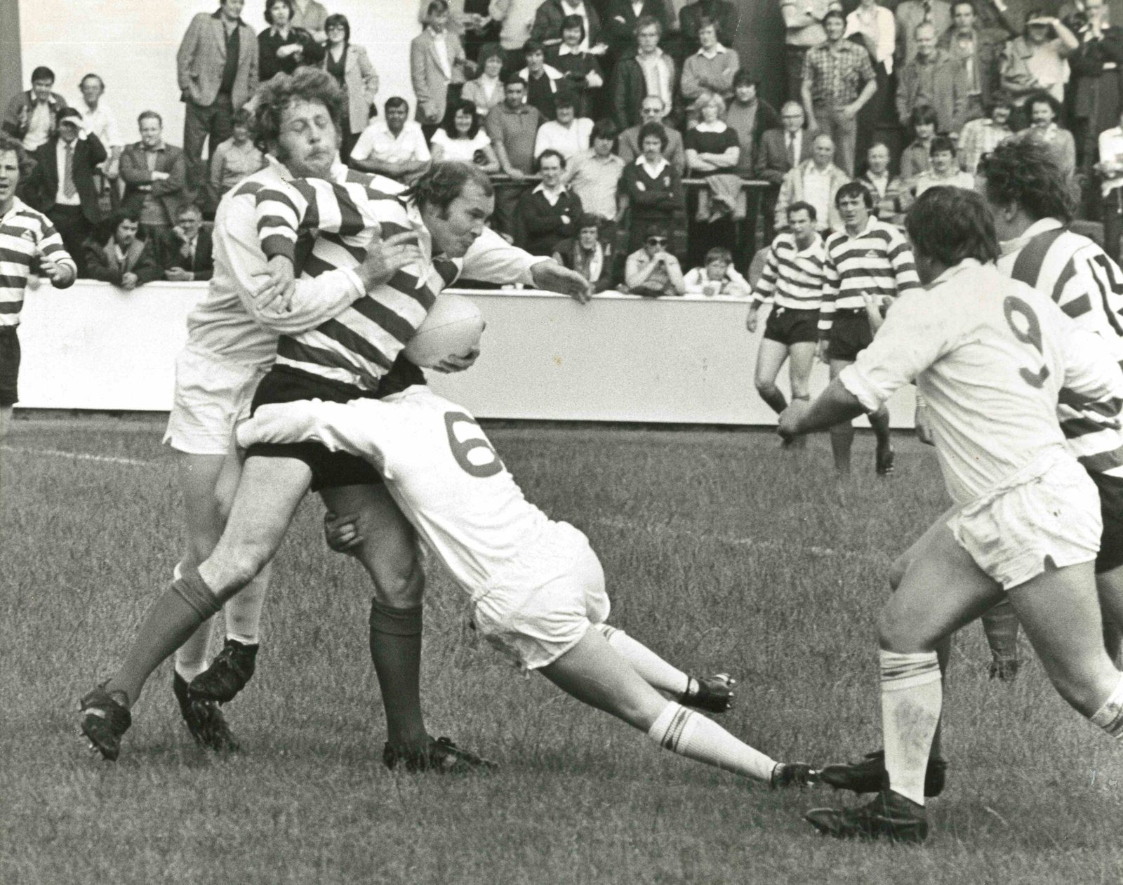 Bill Francis is well held by the Saints defence - Aug 12th 1979.