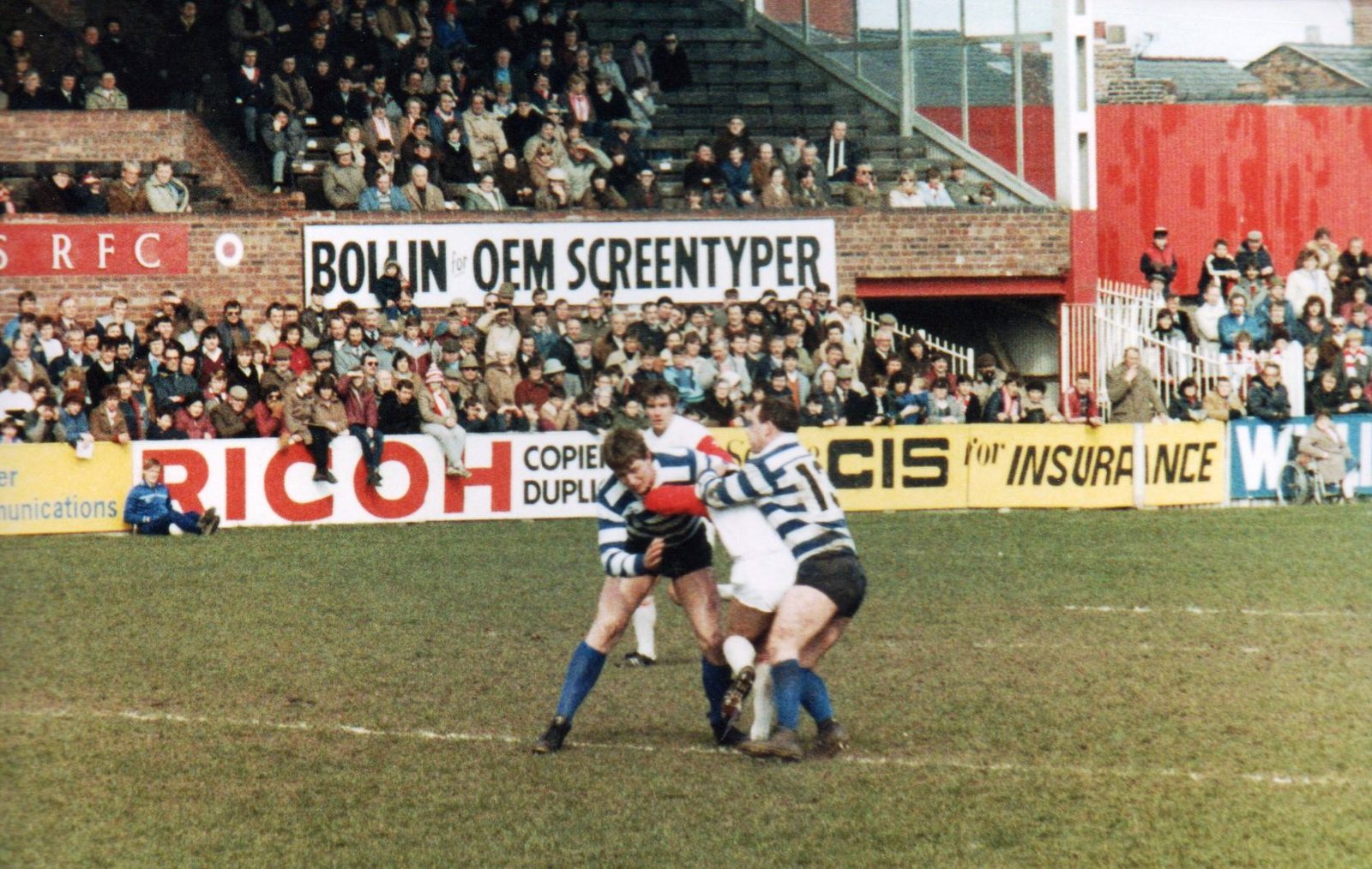 Mick Parrish and Terry Flanagan make a tackle v St Helens - April 1st 1984.