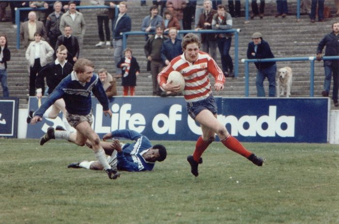 Mick Parrish breaks away to score at Station Road - April 4th 1982.