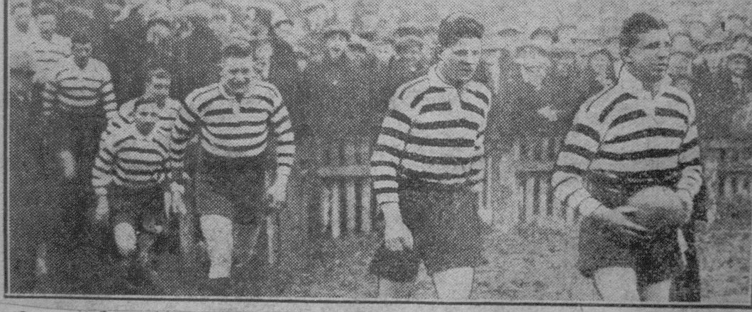 Bob Sloman leads out Oldham in the Challenge Cup semi-final followed by Jack Read and Fred Ashworth - April 2nd 1927