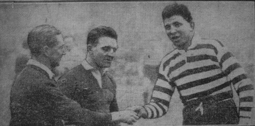 Bob Sloman at the coin toss with Wakefields Jony Parkin and referee, Mr. Horsfall of Batley - April 2nd 1927.