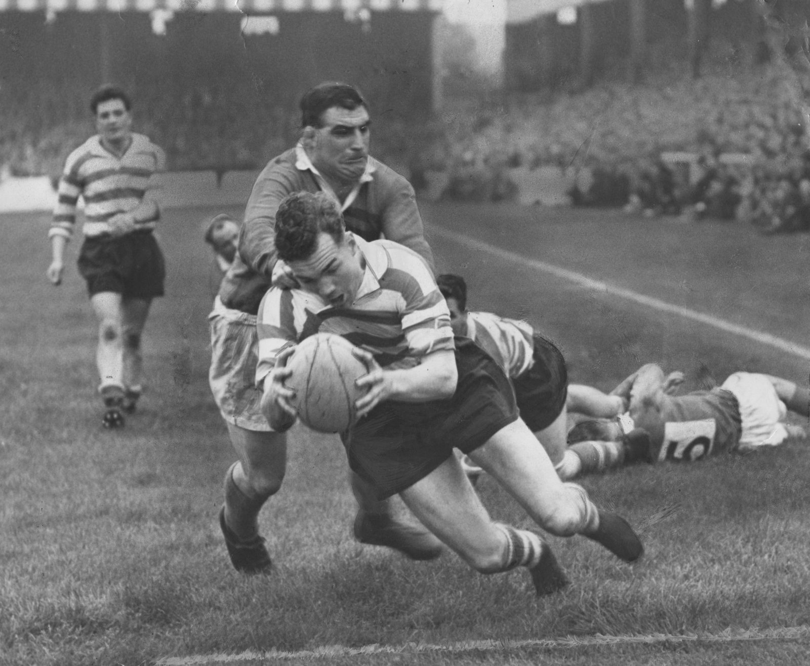 John Etty goes over in Evans' tackle - Sep 13th 1958.