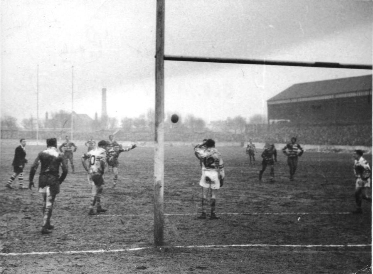 Ganley kicks a penalty goal in the cup tie v Warrington - March 6th 1954.