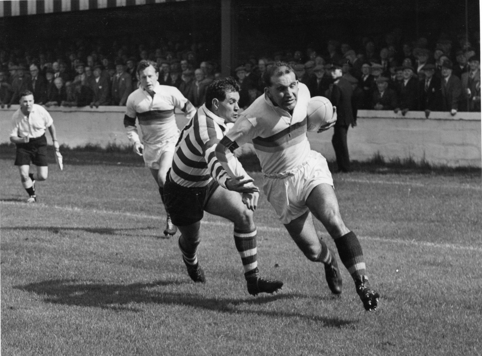 Alan Davies preparing to bring down the Whitehaven winger Bill Smith - Aug 30th 1958.