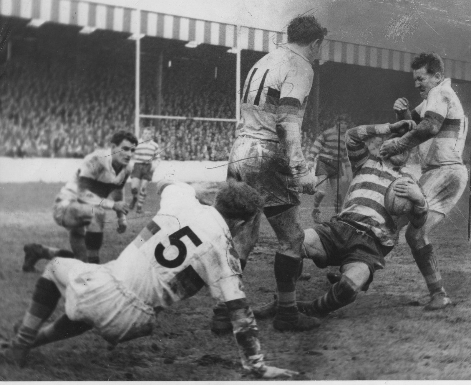 Vincent tackles Jackson. Oldham v Whitehaven - April 18th 1959.