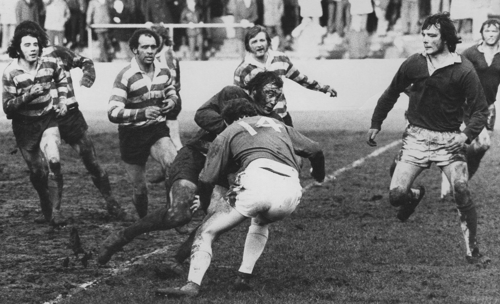 Fred Hall takes on the Whitehaven defence watched by David Treasure, Mike Elliott and Tony Wainwright - March 2nd 1975.