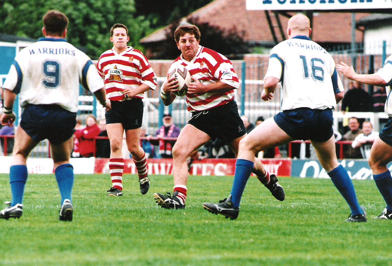 Paul Round takes on the Whitehaven defence watched by Nathan Varley - May 30th 1999.
