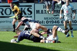 John Hough dives over for Oldham's second touchdown early in the second half v Whitehaven - Aug 7th 2005.