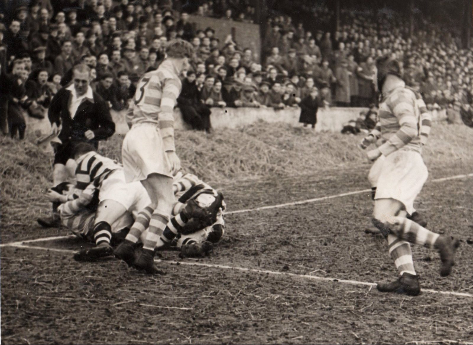 Joe Warham is tackled just short of the Widnes line - March 18th 1950.