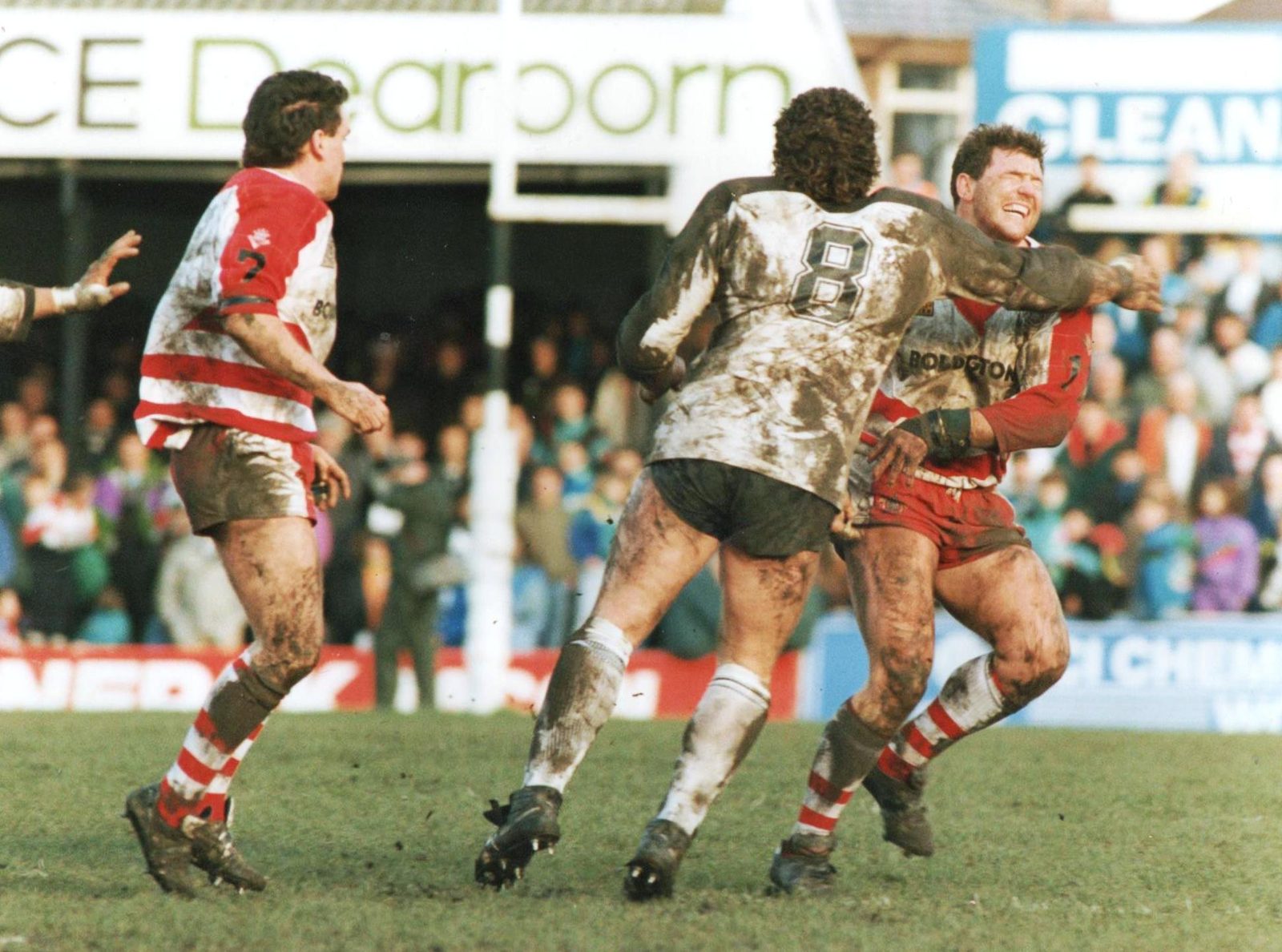 Keith Newton cops a high one from Kurt Sorenson - Feb 25th 1990.