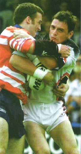 Phil Farrell makes a tackle in the play-off final v Widnes - July 28th 2001.