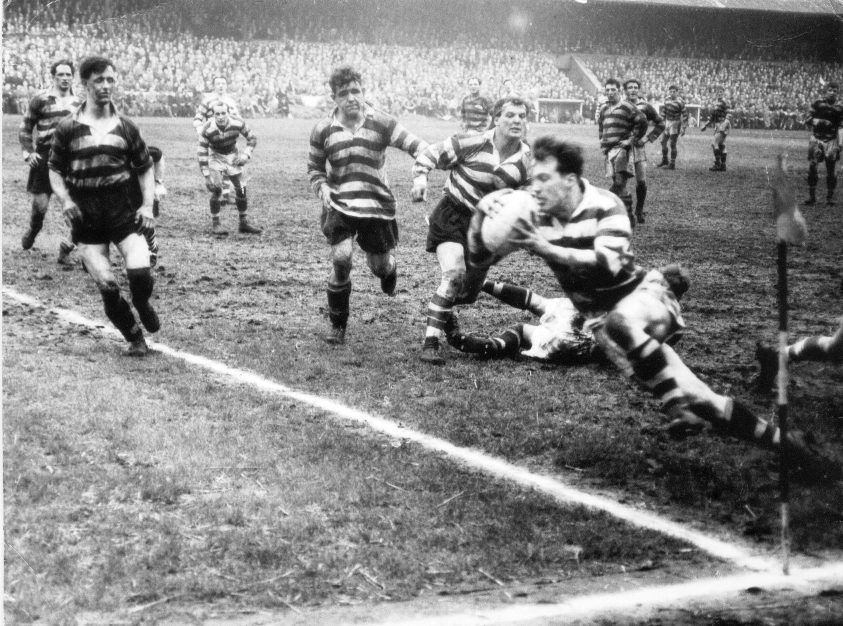 Terry O’Grady goes over for a late try watched by the Oldham front row of Jack Keith, Ken Jackson and Don Vines - March 30th 1957.