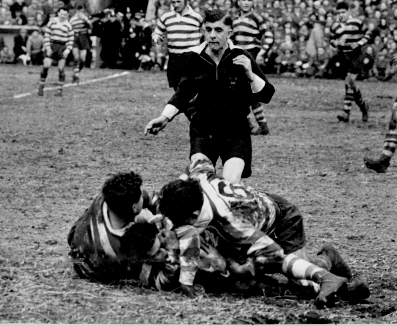 Frank Daley and Derek Turner bring down a Wigan player - March 8th 1958.