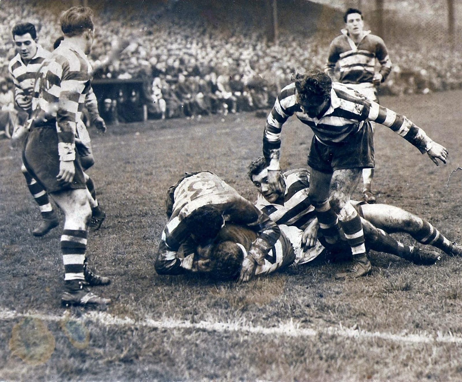 Geoff Robinson and Roger Dufty bring down a Wigan player - Dec 5th 1959