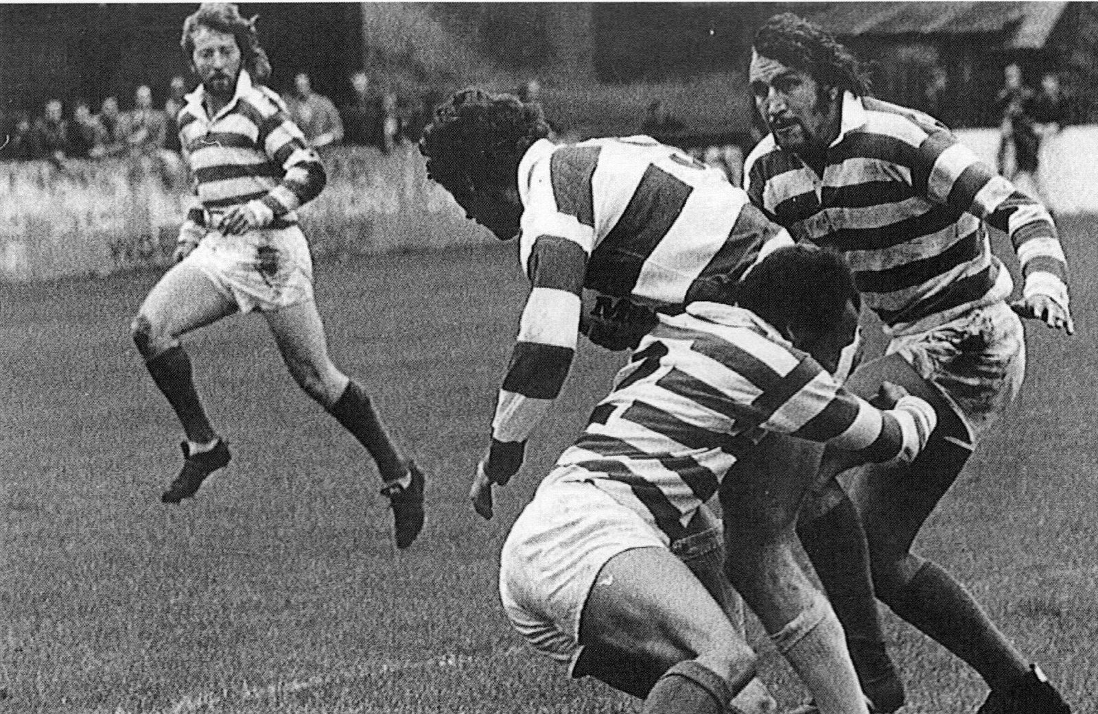 A tackle from Mike Elliott with Arthur Daley and Martin Murphy in support v Wigan - Sep 1st 1973.