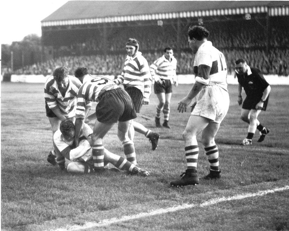 Jack Keith and Des McKeown bring down a Workington player - Sep 2nd 1958.