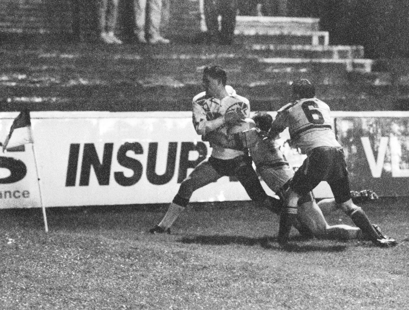 A last ditch tackle brings down Tommy Martyn to clinch victory for Workington - Nov 10th 1991.