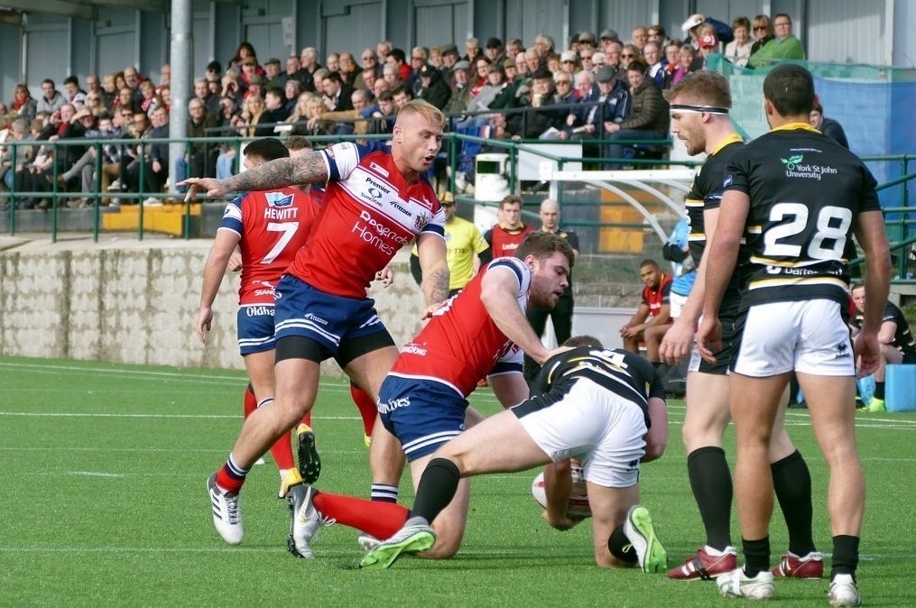 Matt Reid and Danny Langtree stop a York attack at Whitebank - March 11th 2018.