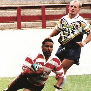 Adie Belle eludes Deryck Fox to score - Sep 10th 1995.