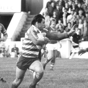 Andy Goodway prepares to hand off a Leeds opponent - Aug 25th 1982.