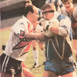 Mike Taylor tackles Ian Sherratt. London Crusaders v Oldham - Feb 16th 1992.