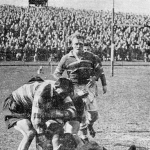 Bryn Goldswain puts paid to a Rochdale attack at a packed Athletic Grounds - April 19th 1954.