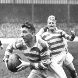 Edgar Brooks on the ball with Norman Thompson in the background v Warrington - Oct 2nd 1948.