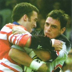 Phil Farrell makes a tackle in the play-off final v Widnes - July 28th 2001.