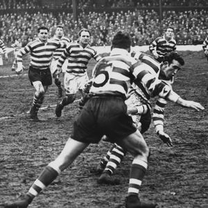 John Etty moves in to the tackle v Wigan - April 5th 1958.