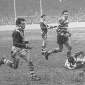 Alan Kellett, watched by John Noon and Alan Davies, in action against Walney Central - Feb 27th 1960.