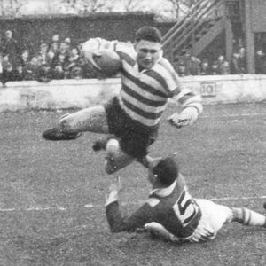 Ike Soutward leaps over a tackle v Walney Central - Feb27th 1960.