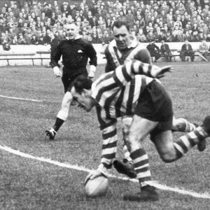 Charlie Winslade scores v Walney Central with Roger Dufty in support - Feb 27th 1960.