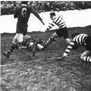 John Hawke evades Bob Batten and Irving Barraclough to score Dec 4th 1948.