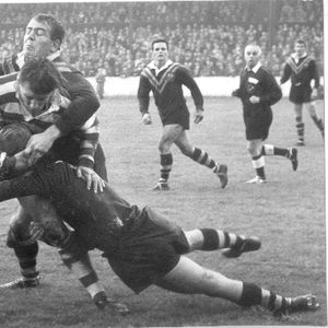 Dick Thornett brings down Dave Parker while Barry Muir looks on. Oct 5th 1963.