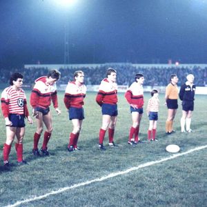 The Oldham team line up before the match against Australia on Nov 4th 1986. From left: Des Foy, Neil Clawson, Stuart …