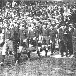 Frank McMillan leads out the 1933 Kangaroos at Watersheddings - Sep 9th 1933.